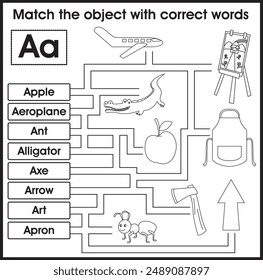 Maze game for kids: Matching object with words. (Alphabet A)