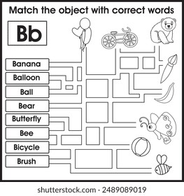 Juego de laberinto para niños: Objeto coincidente con palabras. (Alfabeto B)