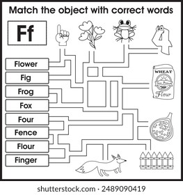 Maze game for kids: Matching object with words. (Alphabet F)