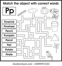 Juego de laberinto para niños: Objeto coincidente con palabras. (Alfabeto P)