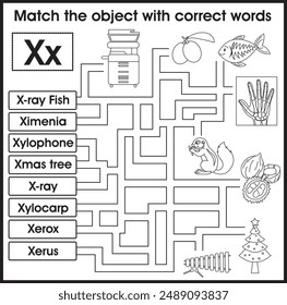 Maze game for kids: Matching object with words. (Alphabet X)