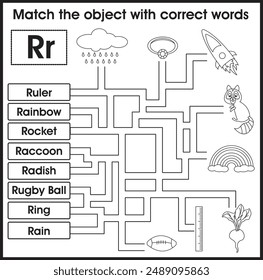 Juego de laberinto para niños: Objeto coincidente con palabras. (Alfabeto R)