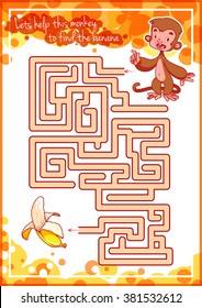 Maze game for kids with monkey and banana. Lets help this monkey to find his way to the banana. Vector template page with game.