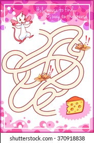 Maze game for kids with mouse and cheese. Help mouse to find his way to the cheese. Vector cartoon template page with game.