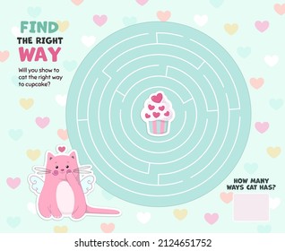 Maze Game For Kids.  Printable. Activities for children. Cartoon cat character. Perfect for kindergarten and preschool education.