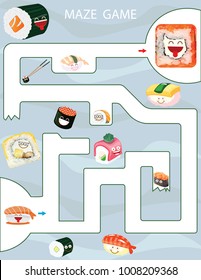 Maze game Kids Printable Game. Vector Illustration. Preschool Kindergarten Worksheet. Sushi and rolls game.