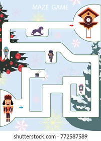 Maze game Kids Printable Game. Vector Illustration. Preschool Kindergarten Worksheet. Nutcracker game.