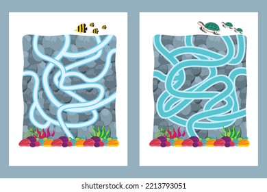 Maze game for kids. Sea turtles and fish are looking for their habitat. Vector illustration of turtle and sea fish in maze game. Maze game in sea world
