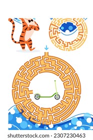 Maze game for kids with solution. Let's help happy tiger to find way to kick scooter. Animal character puzzle learning book page design template. Vertical colorful round labyrinth vector illustration.