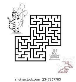 Maze game for kids with solution. Let's help tiger to find way to his Birthday cake. Animal character puzzle learning coloring book page design. Labyrinth black and white outline vector illustration.