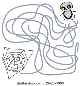 Maze game for kids. Spider and web. Hand drawn. Color vector illustration.
