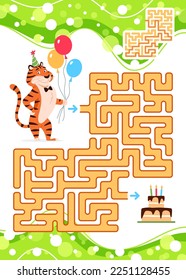 Maze game for kids with Tiger, Birthday cake on white background. Let's help happy tiger to find way. Animal character puzzle learning book page design template. Labyrinth colorful vector illustration