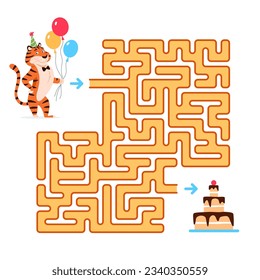 Maze game for kids with Tiger on white background. Let's help happy tiger with balloons to find way to his cake. Animal puzzle learning book page design template Labyrinth colorful vector illustration