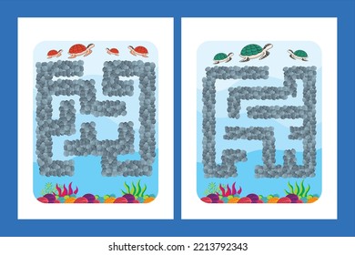 Maze game for kids. The turtle is looking for its home. Vector illustration of turtle in Maze Game. Challenging game for turtles