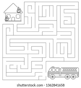 Maze game for kids. Vector coloring page. Help the fire engine find the right path to the burning house.