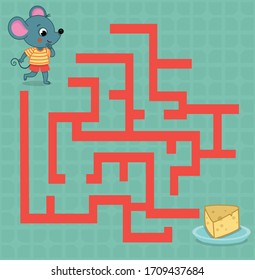 Maze game for kids. Vector illustration of a mouse and a cheese plate. 