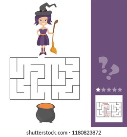 Maze game for kids with witch. Lets help this old witch to find cauldron. Worksheet for class or at home with the kids