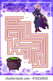 Maze game for kids with witch. Let's help this old witch to find his cauldron. Worksheet for class or at home with the kids.