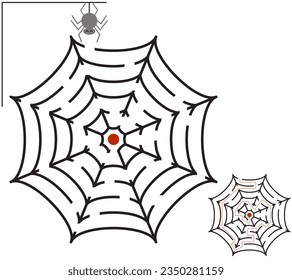 Maze game for kids,spider and spider web,vector isolated on white background.