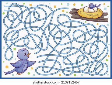 Maze game and labyrinth for children. Kids riddle find way for cute birds. Education activity page and worksheet. Cartoon bird nest vector illustration.