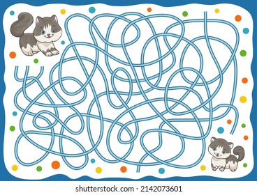 Maze game and labyrinth find way for cute cats. Kids riddle education activities page and worksheet. Cute cartoon kitten vector illustration for children.