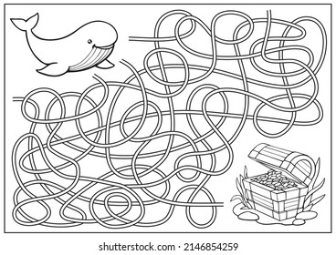 Maze game and labyrinth for kids. Children riddle and coloring book find way for sea whale to treasure. Education activity page and worksheet. Cartoon vector illustration.