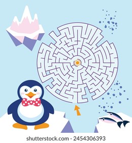 Maze game Labyrinth Penguin vector illustration. Colorful puzzle for kids