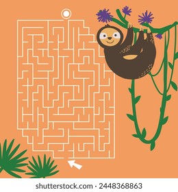 Maze game Labyrinth Sloth vector illustration. Colorful puzzle for kids