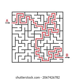 Maze game. Labyrinth square. Solving of puzzle. Line rebus for kids with entry and exit. Simple Maze isolated on white background. Template of riddle for child. Difficult mental solution. Vector.