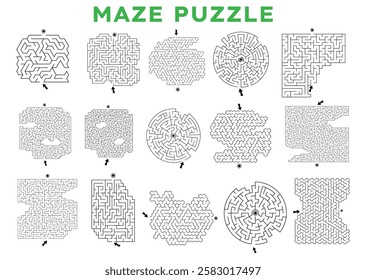 Maze game Labyrinth vector bundle illustration. Puzzle templates for kids books and kindergarten workbooks or homeschool