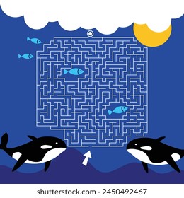 Maze game Labyrinth Whales vector illustration. Colorful puzzle for kids