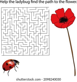 Maze-Spiel mit Ladybug. Labyrinth. Hilf dem Leiter, den Weg zur Blume zu finden. Maze-Spiel für Kinder. Vektorgrafik.