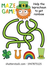 Maze game with leprechaun stock vector illustration. Help the leprechaun to get rainbow educational activity page. Maze game with funny cartoon leprechaun and clover, rainbow, horseshoe and top hat