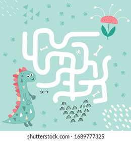 Maze game for little one. Help the dino to get to the flower. Vector illustration. Funny labyrinth for kids.