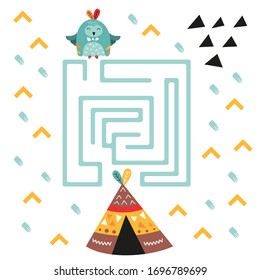 Maze game for little one. Help the owl get to wigwam. Vector illustration. Funny labyrinth for kids.