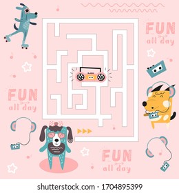 Maze game for little one. Help the dog get to tape recorder. Vector illustration. Funny labyrinth for kids.