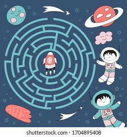 Maze game for little one. Help spaceman get to rocket. Vector illustration. Funny labyrinth for kids.