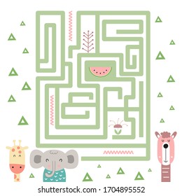 Maze game for little one. Help the elephant get to watermelon. Vector illustration. Funny labyrinth for kids.