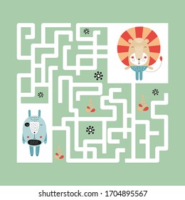 Juego de Maze para el pequeño. Ayuda a que la liebre llegue a un amigo león. Ilustración vectorial. Divertido laberinto para los niños.