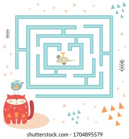 Maze game for little one. Help the cat get to mouse toy. Vector illustration. Funny labyrinth for kids.