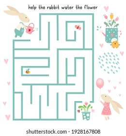 Maze game for little one. Help the bunny water the flower. Vector illustration. Funny labyrinth for kids.