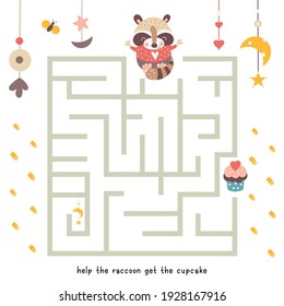 Maze game for little one. Help the raccoon get the cupcake. Vector illustration. Funny labyrinth for kids.