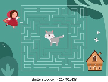 Juego de Maze con Caperucita Roja, lobo gris y casa de la abuela. Personajes de dibujos animados kawaii. Rompecabezas para los niños. Ilustración vectorial.