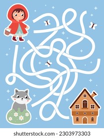 Maze game with Little Red Riding Hood. Help the girl find right way to grandmothers cottage. Cute gray wolf. Classical fairy tale for kids. Cartoon characters. Vector illustration.