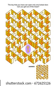 Maze-Spiel mit Zauberschlüssel, Zimmern und Türen: Der Schlüssel, den Sie haben, kann nur eine verschlossene Tür öffnen. Kannst du aus dem Labyrinth kommen? Antwort enthalten.