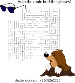 Juego de Maze con macho. Rompecabezas educativo del laberinto de caricaturas. Ayuda a que el topo encuentre las gafas. Hoja de trabajo de actividad de los niños vectores.