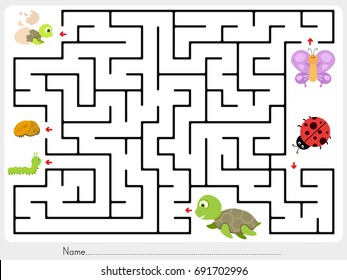 Maze game: Match animal, butterfly ladybug and turtle finding the baby - worksheet for education