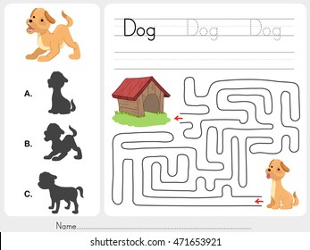 Juego de Maze y perro de Match con sombra - Hoja de trabajo para la educación