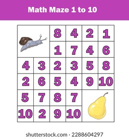 Juego de Maze. El laberinto matemático con números. Contando de uno a diez. Actividad para niños pequeños y pequeños.