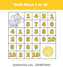 Maze game. Mathematics labyrinth with numbers. Counting from one to ten. Activity for toddlers and kids.